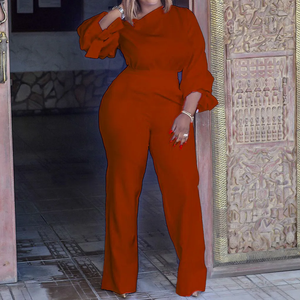 ELIJOIN Temperament Commuter High Waist Wide Leg Trousers Cow Diagonal Shoulder Long Sleeve Jumpsuit