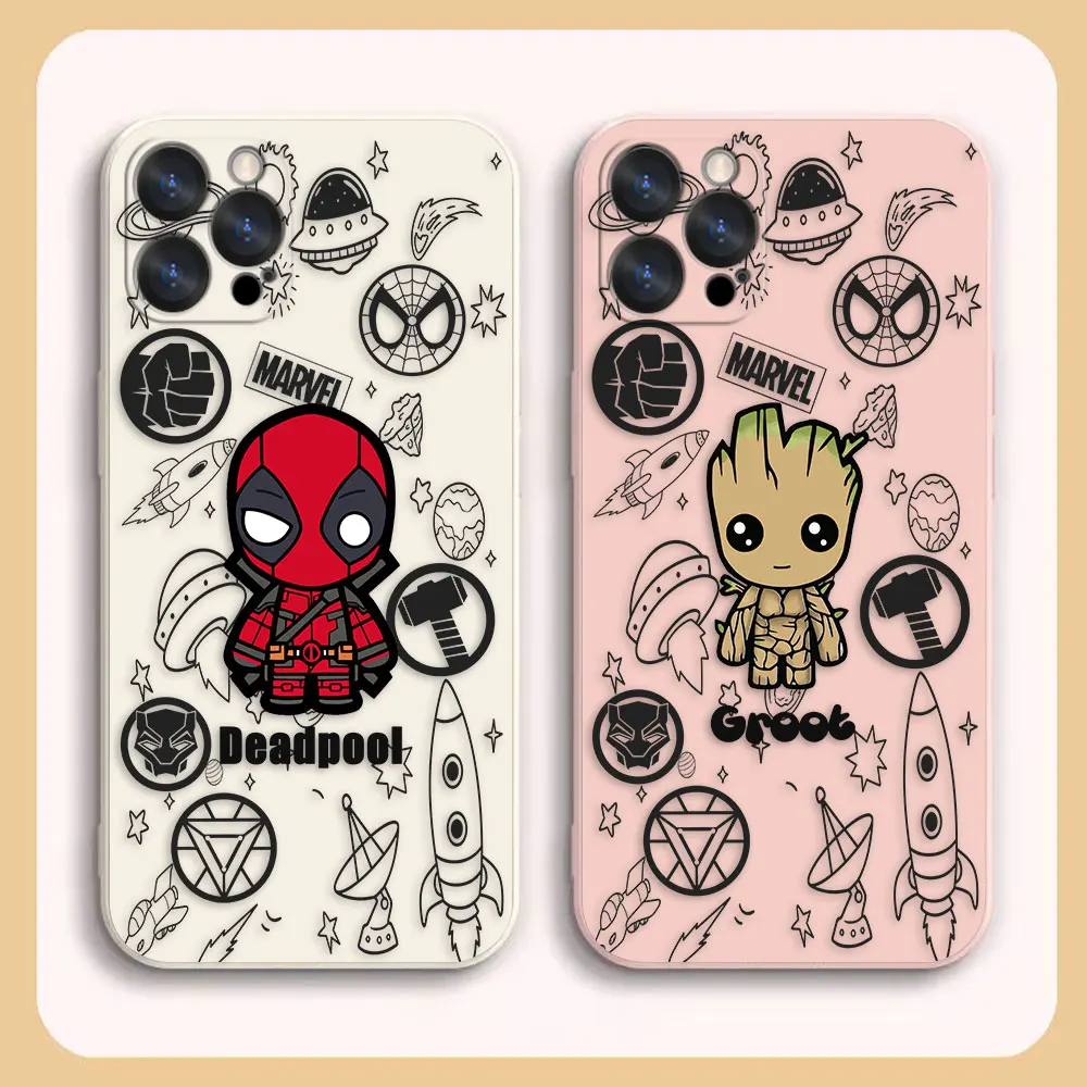 

Case For iPhone 14 13 12 11 Pro XS Max Mini X XR 7 8 6 6S Plus Colour Simple Liquid Silicone Case Marvel Cartoon Groot Deadpool