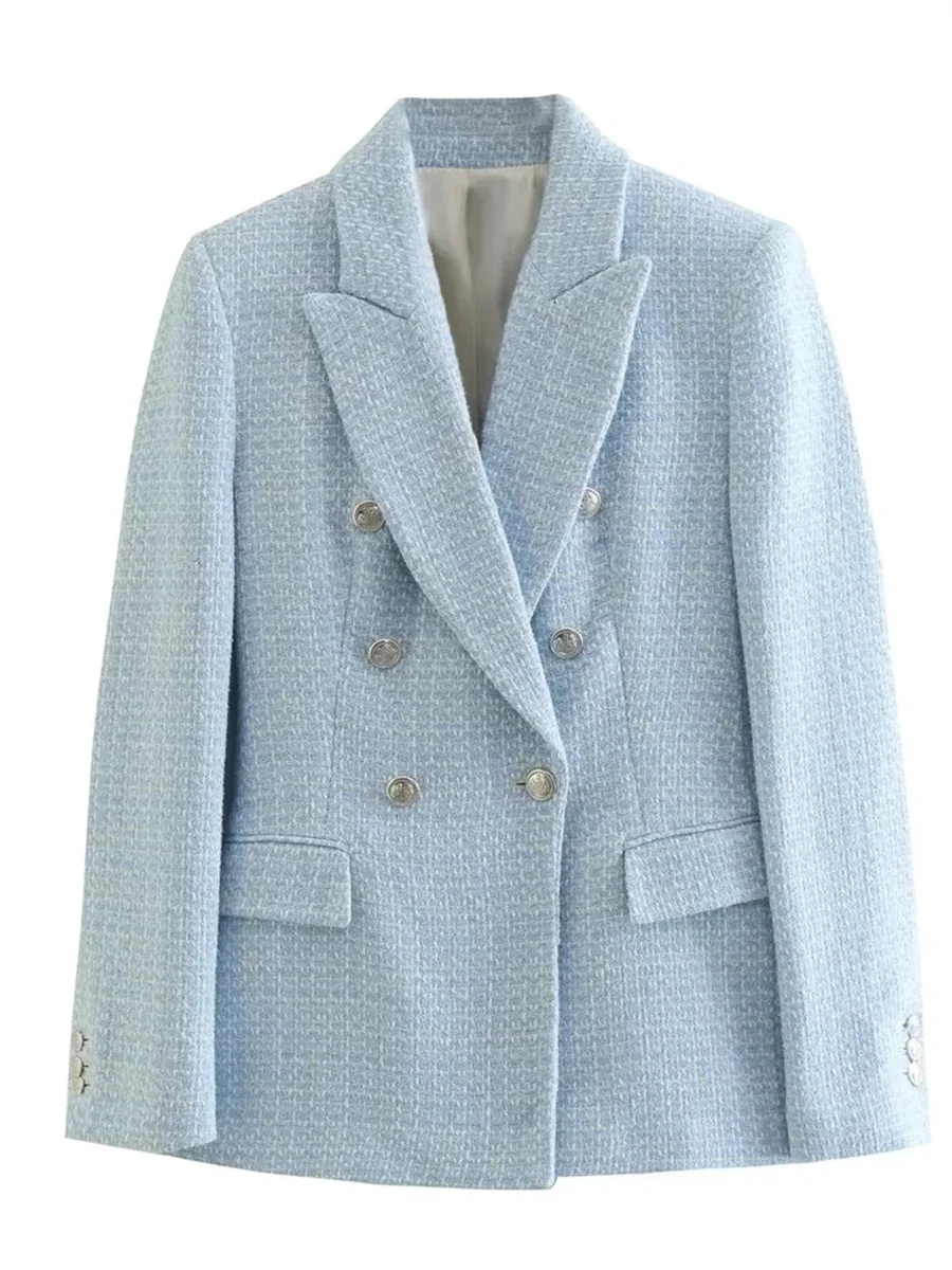 

Women Fashion Light Blue Tweed Double Breasted Blazer Coat 2022 New Full Sleeves Flap Pockets Office Lady Outerwear Mujur