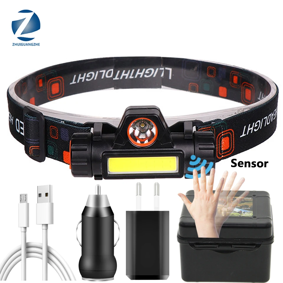 XP-G Q5 Headlamp Head Lamp Headlight Waterproof 2500lm Cob Led Built in Usb Rechargeable 18650 Battery Working Light 5w Sensor