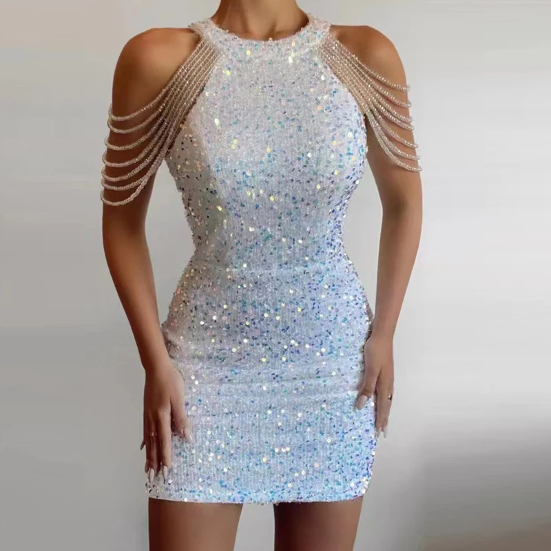 

Woman Dress Neck Hanging Sexy Crystal Fringe Sequin Dresses Elegant Temperament Slim Fit Lady Dress Women Clothing