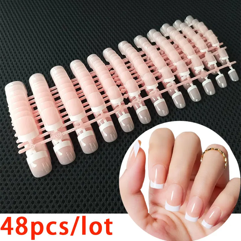 

48pcs Pink/Nude French Fake Nails Need Adhesive Glue Glitter Press on Nails Women Wearable Nail Art Stickers Full Finished False