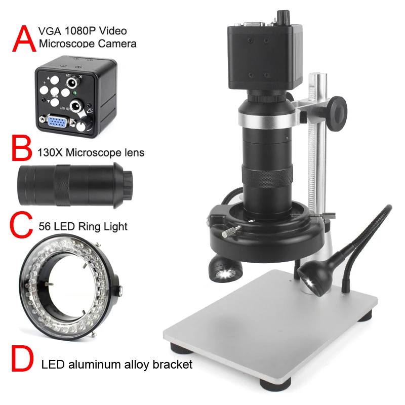 

1080P Microscope Camera Set 13MP 60F/S VGA Industrial Microscope Camera 130X C mount lens LED Ring Light Lamp for phone repair