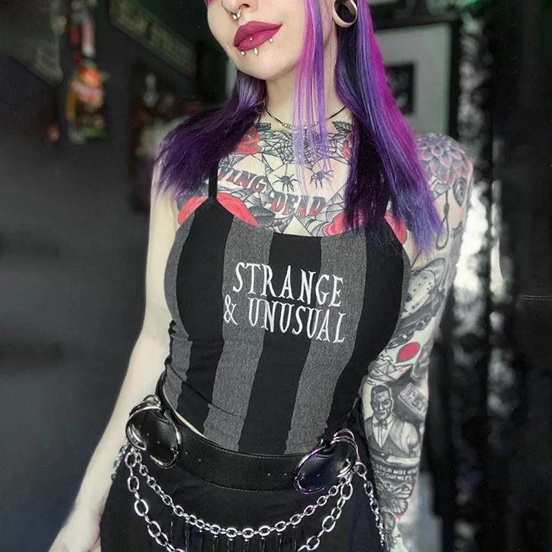 Goth Dark Women Basic Mall Gothic Sexy Camis Emo Stripes Grunge Aesthetic Punk Crop Tops E-girl Bodycon Streetwear Alt Clothes