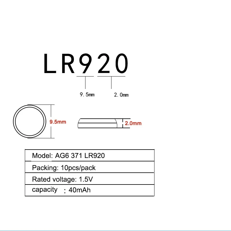 AG6 200 шт = 20 карт 40 мА/ч 1 55 V Щелочная батарейка-кнопка 605 371 D371 SR920SW SR69 плоский круглый