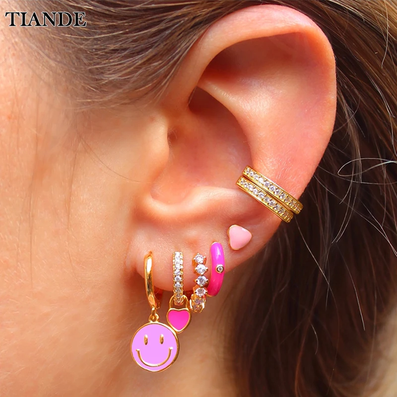 

TIANDE Gold Plated Drop Hoop Earrings Set for Women Enamel Zircon Piercing Round Heart Dangle Earrings 2022 Jewelry Wholesale