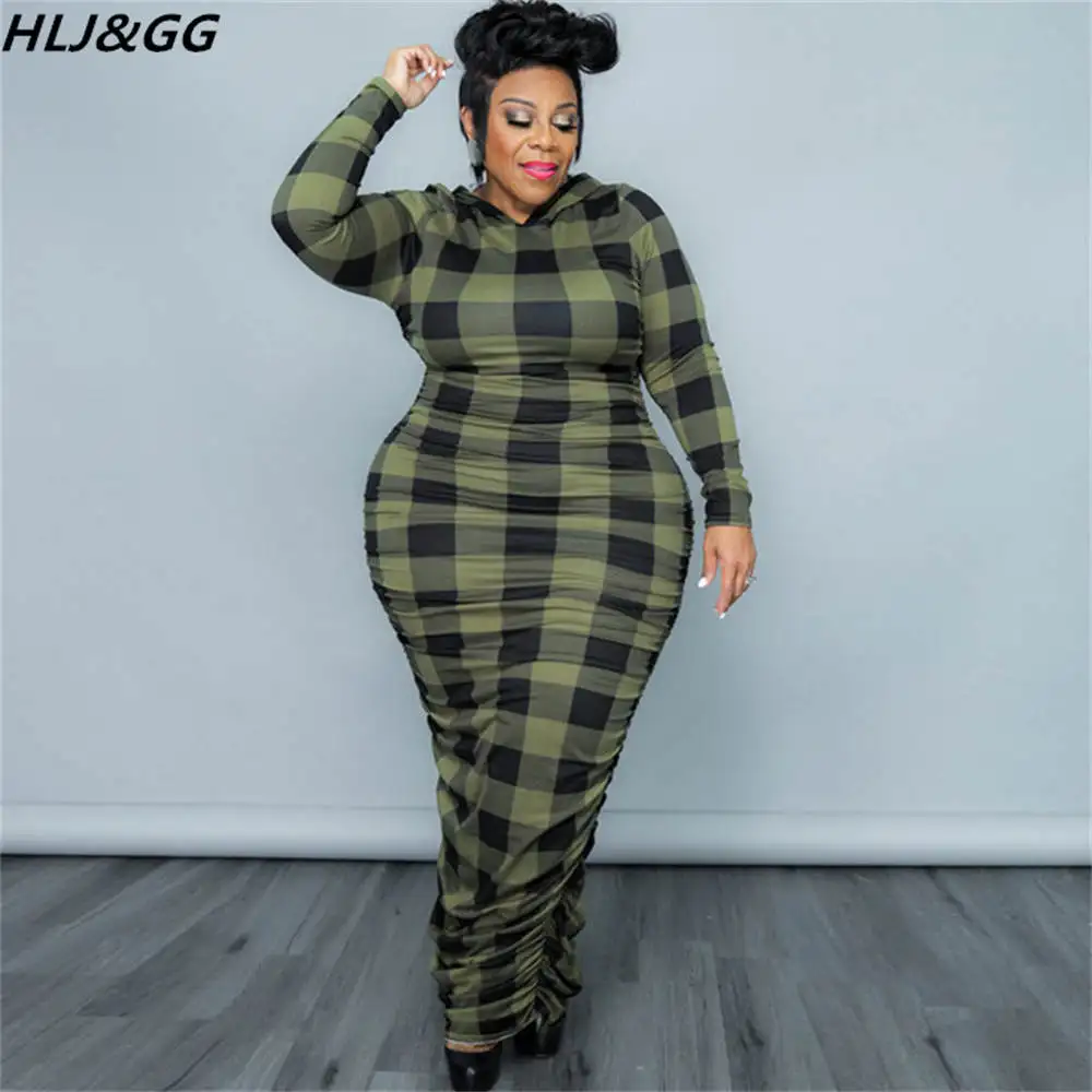 

HLJ&GG Casual Plaid Print Long Sleeve Bodycon Dresses Female Hooded Slim Maxi Dress Plus Size Women Stacked Vestdidos 2022 Fall