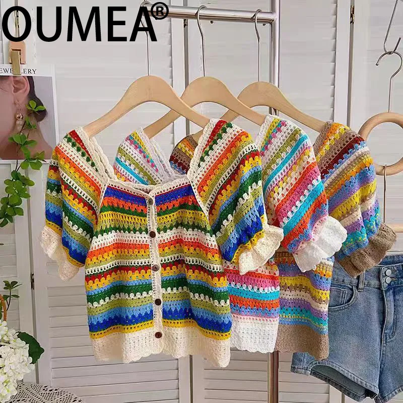 OUMEA женские радужные вязаные крючком блузки с квадратным вырезом спереди