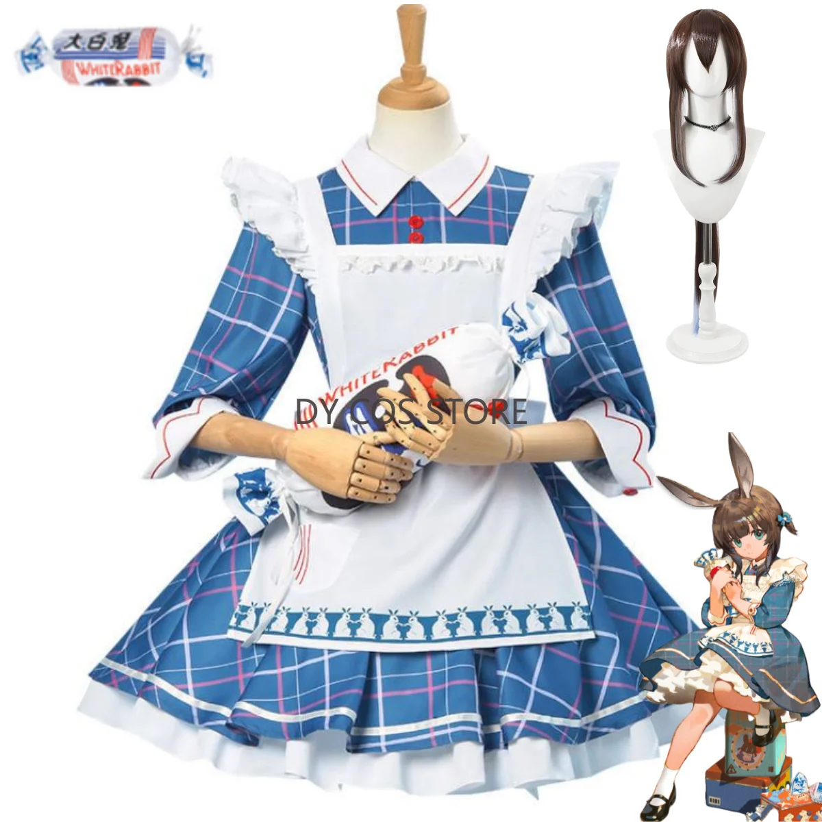 Фото Игра Arknights Amiya Косплей Костюм Кастер Белый Кролик Кремовый Конфеты Синий Белый Лолита Юбка Парик Уши Женский Милый Рождественский Костюм №1