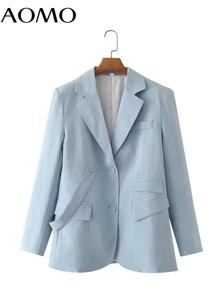 

AOMO Women Blue Designer Blazer Coat Vintage Long Sleeve Flap Pockets Female Outwear DA11A