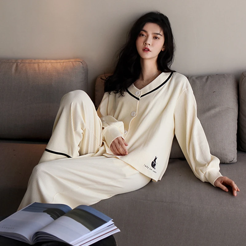 CAIYIER Autumn Winter Cotton Pajamas Set Grapes Leisure Cardigan Sleepwear Soft Long Sleeve Trousers Female Nightwear Homewear
