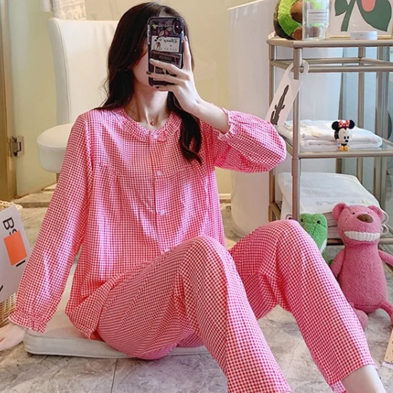 Spring Autumn Long Sleeves Ladies Nightdress Cotton Silk Trousers Women Lounge Pajamas Set