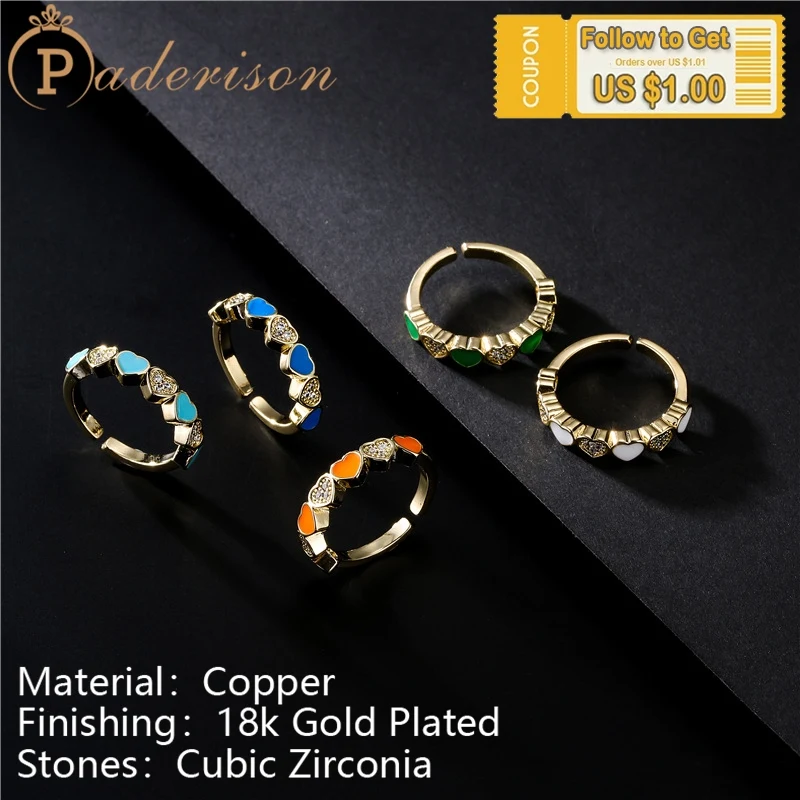 

Vintage Lovely Resin Zircon Heart Shape Opening Ring for Women Copper 18k Gold-plated Retro Sweet Cute Adjustable Circle Ring