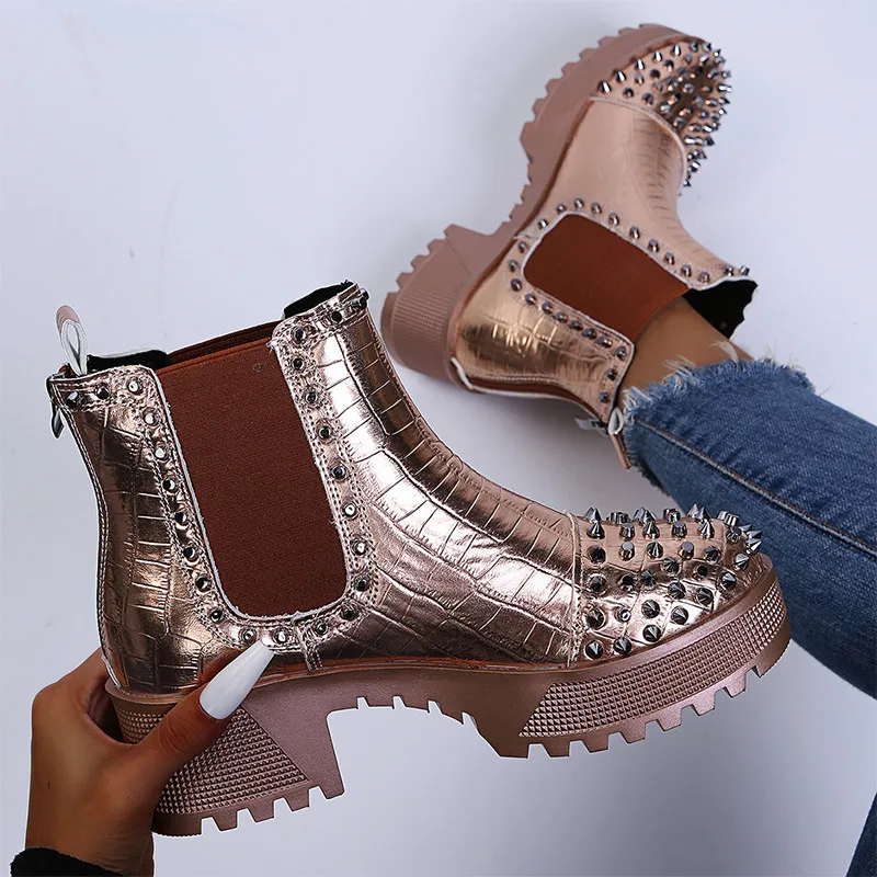 

Women Ankle Boots Metal Rivet Retro Thick Bottom Female Short Boot Punk Microfiber Elastic Slip-on Mid Heels Fashion Shoes 2022