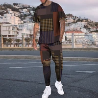 oversized streetswear graphic pattern breathable mens t shirts and pants set patchwork soft unisex male cloting set