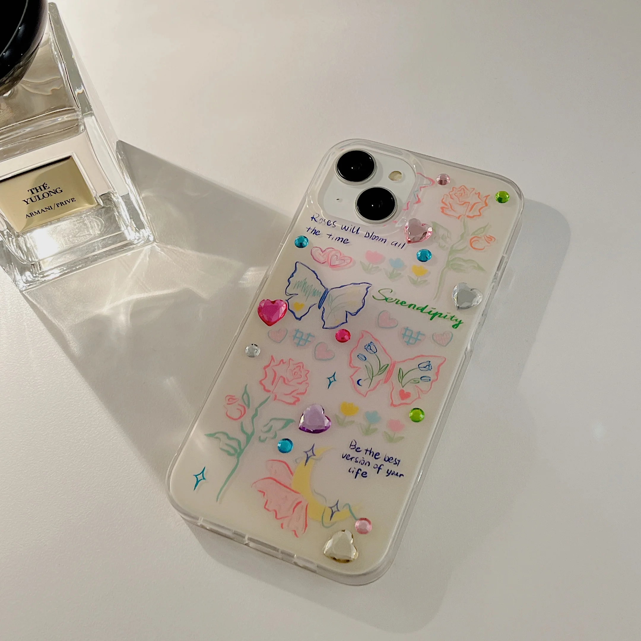 Korean Chic Glittering Hearts Gradint Butterflies Case for iPhone 14 13 Pro Max Plus Back Phone Cover for 12 11 Pro Max Capa