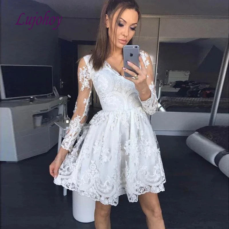 

White Long Sleeve Short Cocktail Dress Party Plus Size Little Ladies Girl Women Homecoming Prom Graduation Semi Formal Dress