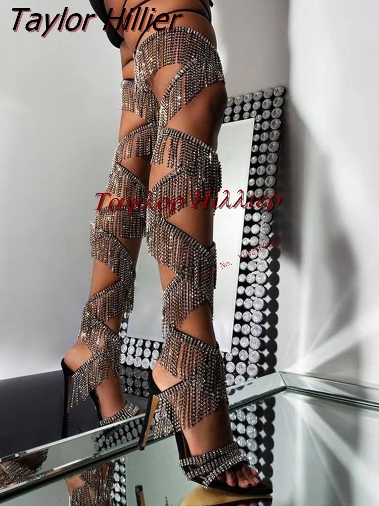 

Sexy Tassel Rhinestone Over-The-Knee Boots Pointed Toe Cross Strap High Heel Sandals Fashion Catwalk Latin Dance Women'S Shoes