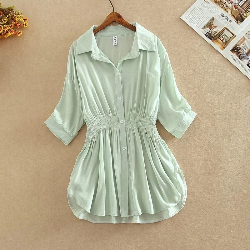 

Tunic Black Shirt Women Chiffon Blouse Casual Lapel Half Sleeve Button Office Ladies Tops Summer Pleated Slim Waist Loose Blouse