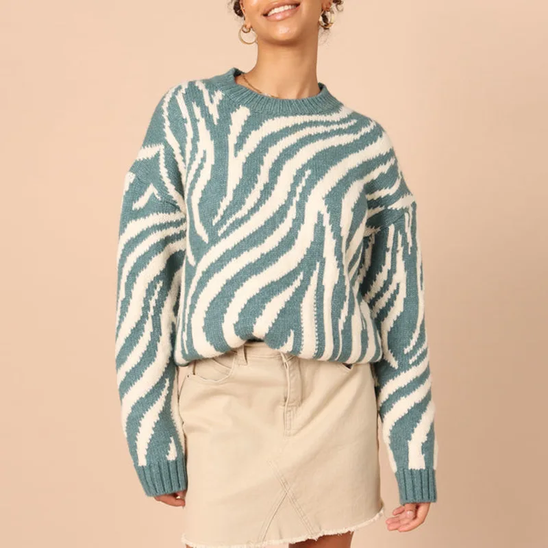 

Women Contrast Color Sweater Casual Animal Stripe Pattern Long Sleeve Round Neck Knit Pullover