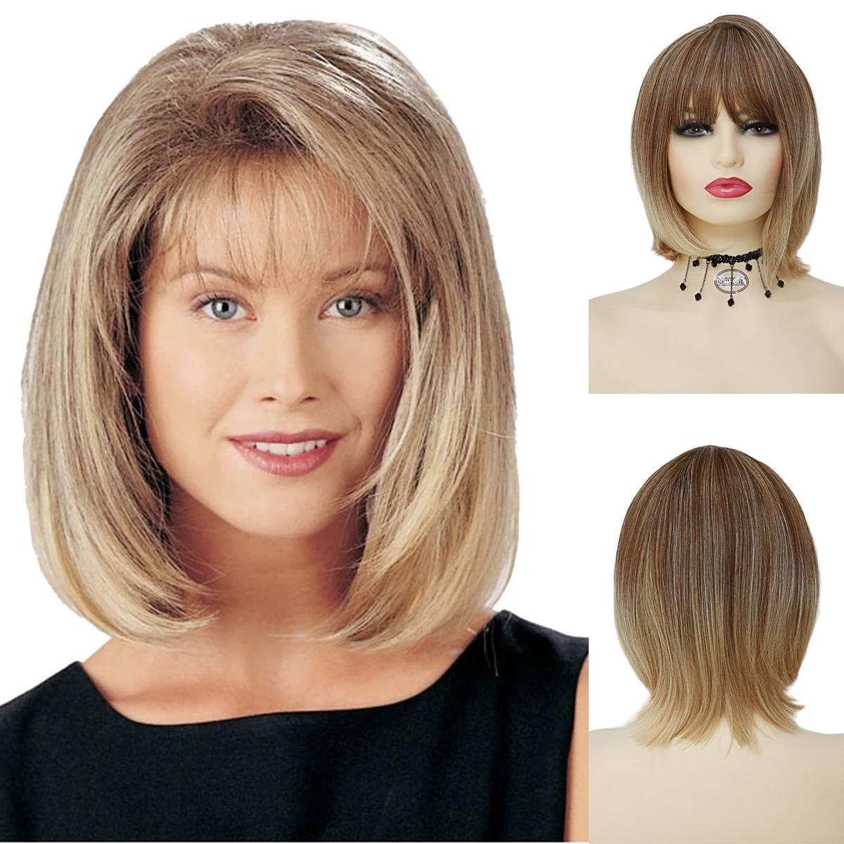 

GNIMEGIL Synthetic Women's Wig Ombre Blonde Hair Color Fashion Hairstyle Short Bob Wig with Bangs Mommy Wig Natural Cheap Wigs