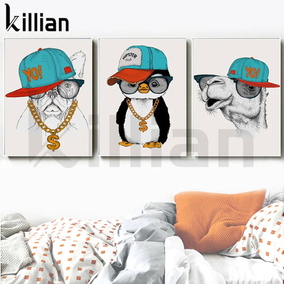 

Hip Hop Bulldog Penguin Cool Canvas Painting Necklace Animal Nursery Wall Art Cartoon Poster Print for Living Room Decoration