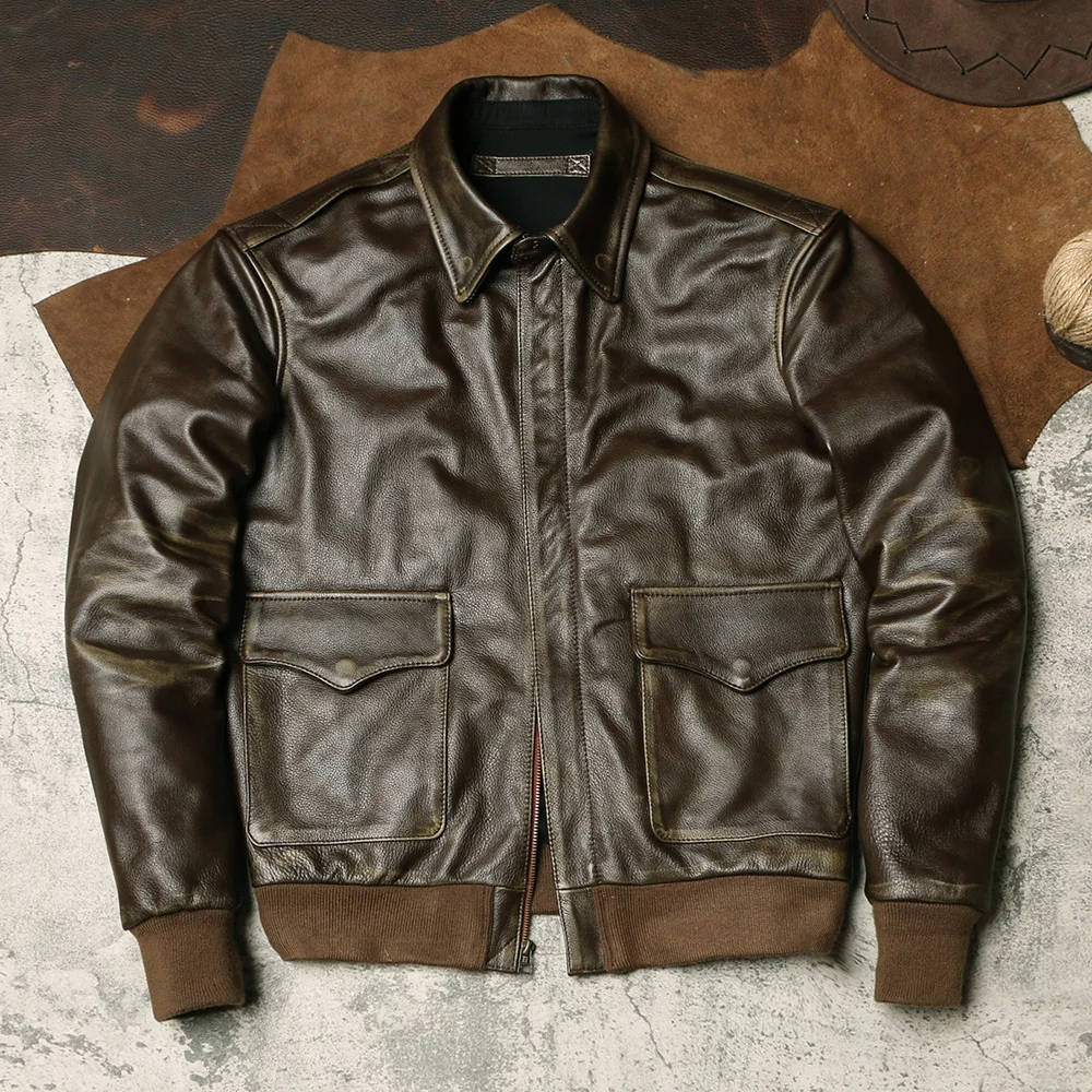 

DSCA2 Asian Slim Size Super Top Quality Genuine Cow Leather Aged Washing Classic Durable Stylish A2 Jacket