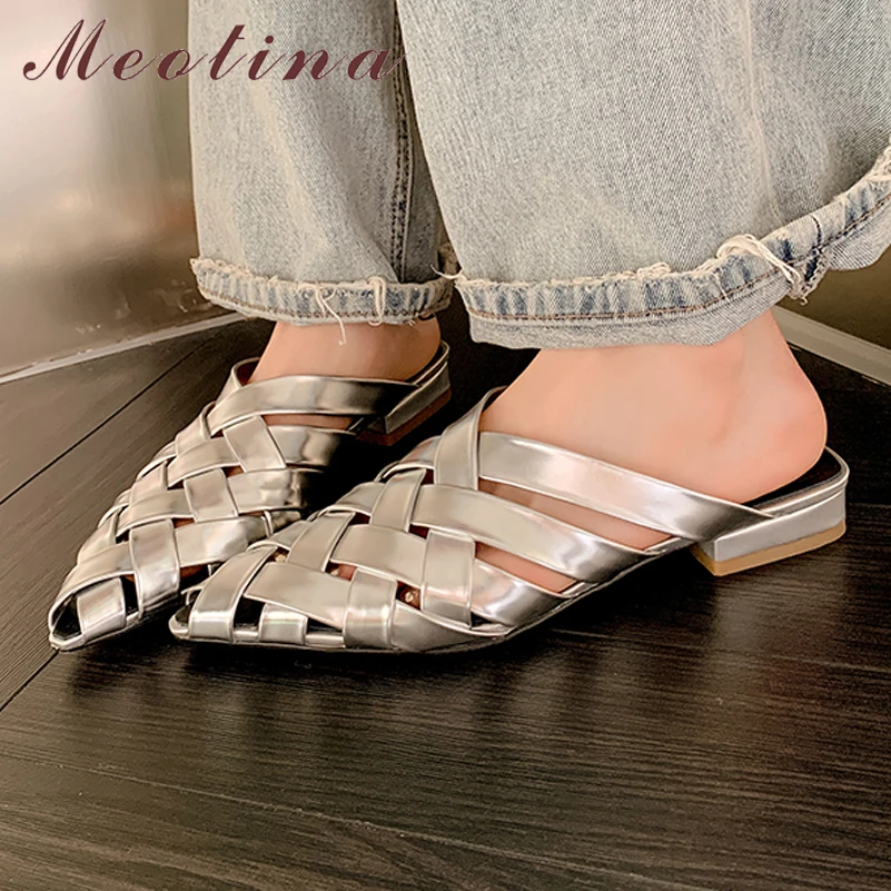 

Женские босоножки без задника Meotina, летние сандалии из натуральной кожи, на толстом среднем каблуке, с круглым носком, 40 цветов