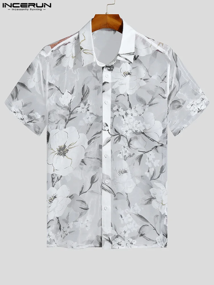 INCERUN Party Nightclub Style New Men's Tops Printed Short Sleeve Shirts Casual Streetwear See-through Button Lapel Blouse S-5XL