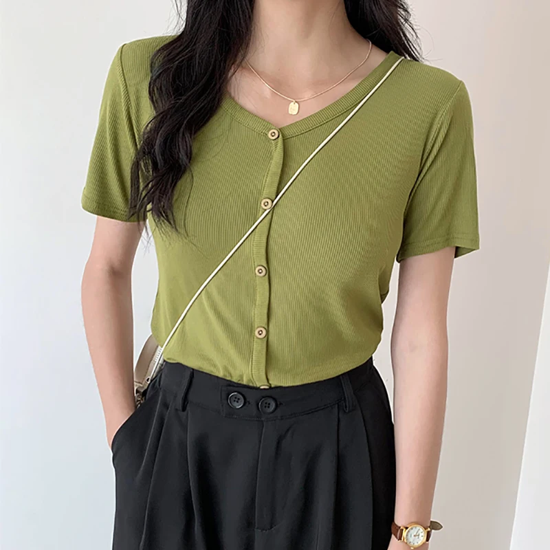 

Women's Knitting T Shirts Summer New Fashion V Neck Slim Button Short Sleeve Tops Female Solid Basic Casual T-Shirt Tees Femme