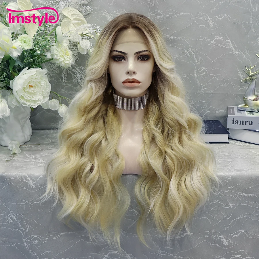 

Imstyle Blonde Wig T Part Lace Wig Synthetic Lace Front Wig Dark Root Daily Wigs For Women Heat Resistant Fiber Natural Hairline