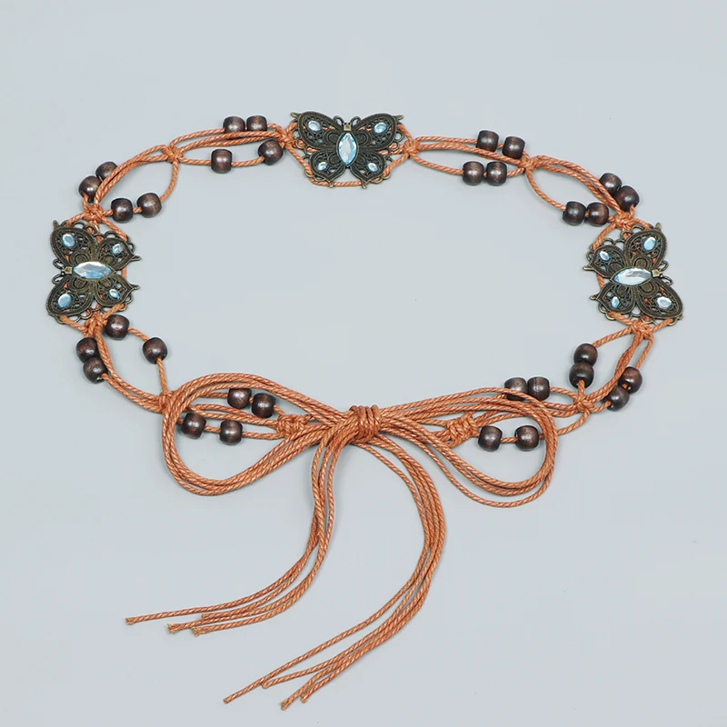 

Винтажный изогнутый металлический восковой шнур с бабочкой тканые ремни в богемном стиле с бисером кисточкой поясной ремень самозавязывающийся Регулируемый Женский ремень