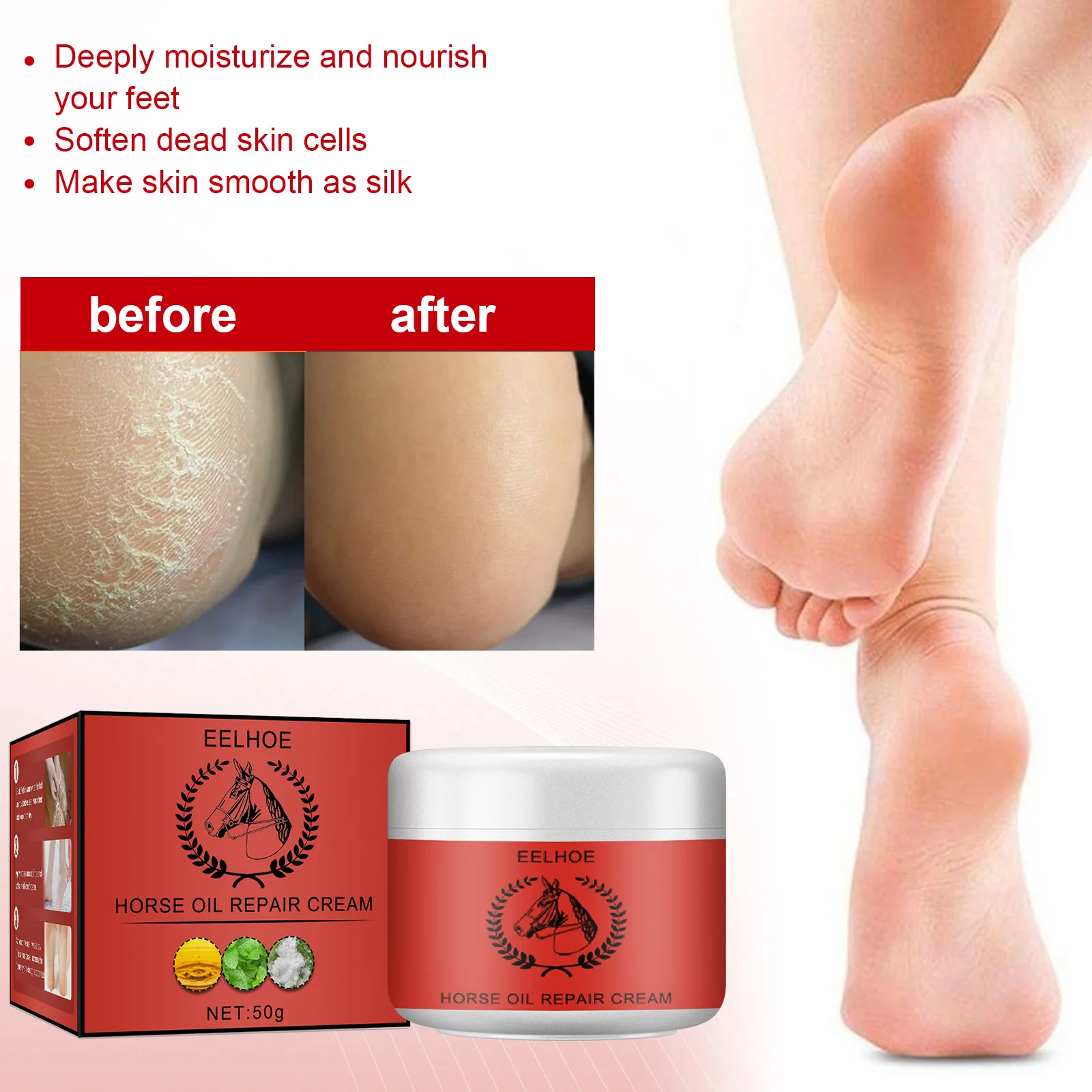 EELHOE 1pcs 50ml Red Label Horse Oil Care Cream, Foot Care Cream, Winter Moisturizing Skin Repair Cream Free Shipping