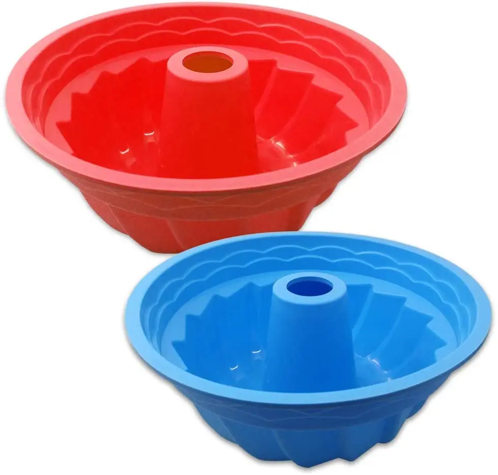 

2 pack fluted round silicone baking molds oven roasting non-stick cake mousse bread pan red blue