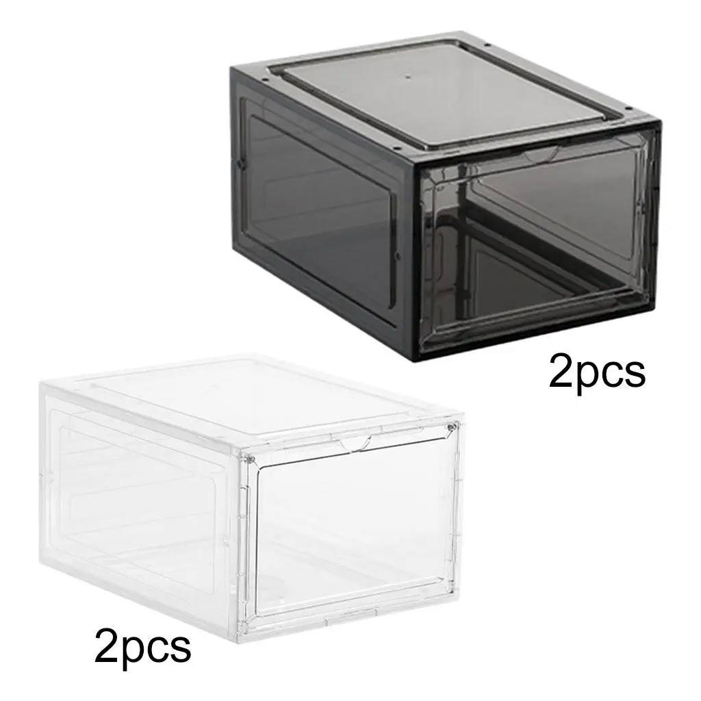 

2pcs Shoe Box Shoe Storage Stackable Organizer Magnetic Closure Design Sneaker High-top Shoes Clear Panel for Closet Dorm Case
