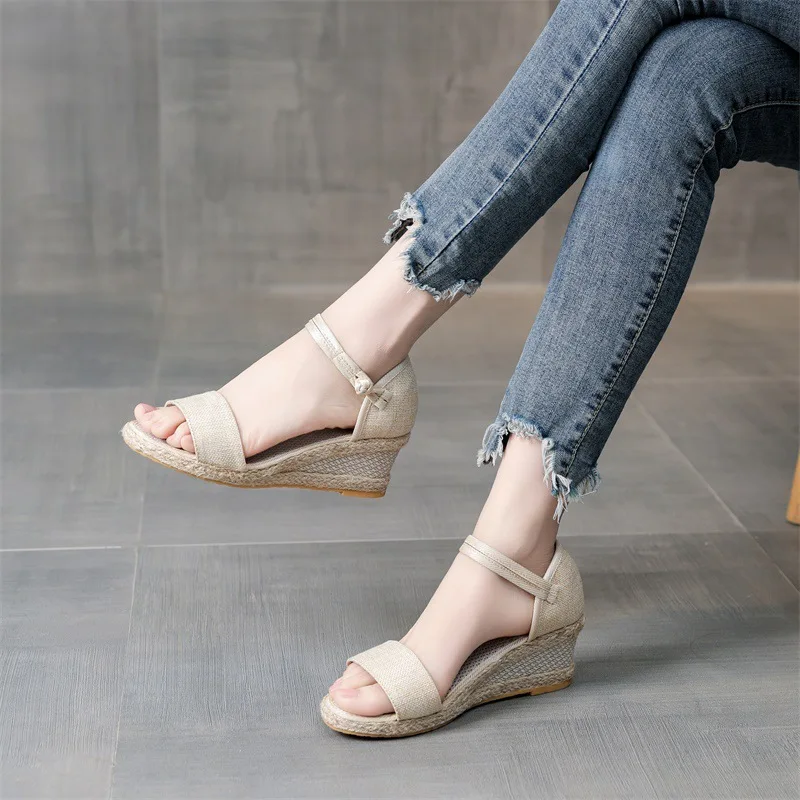Сандалии женские с открытым носком эспадрильи на танкетке Повседневная летняя