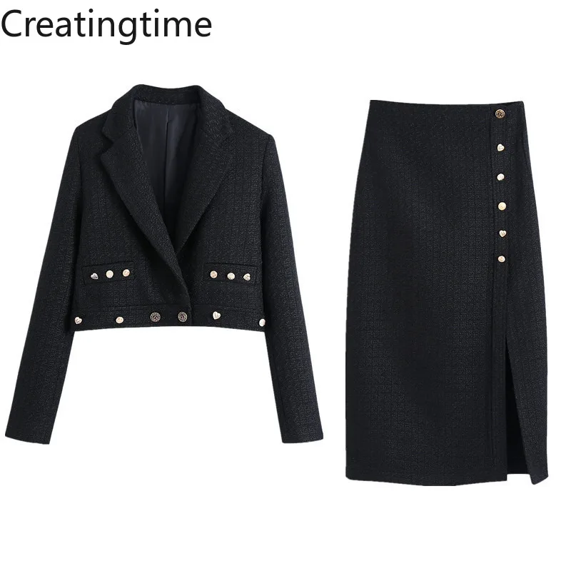 

Creatingtime 2022 Spring New Fashion Double-breasted Blazer and High Waist Skirts Solid Color Two-piece Sets Women GA641