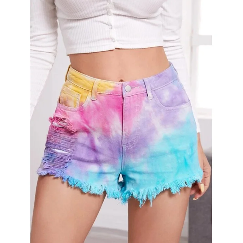 Summer tie dyed tassel leg hole loose women's Denim Shorts jeans hole sexy casual mix color short jeans