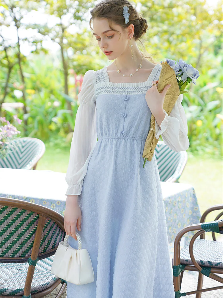 Spring Fall Dresses Women Vintage Elegant Slim Long Sleeve Blue Dress Sweet Bows Jacquard Bubble Diamond Plaid Dress