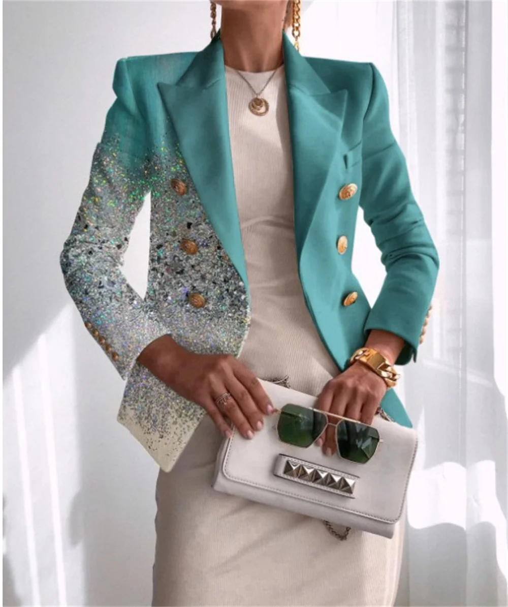 Fashion Women‘s Jacket 2023 New in Casual Print Double Breasted Slim Clothing Female Elegant Office Lady Business Blazers