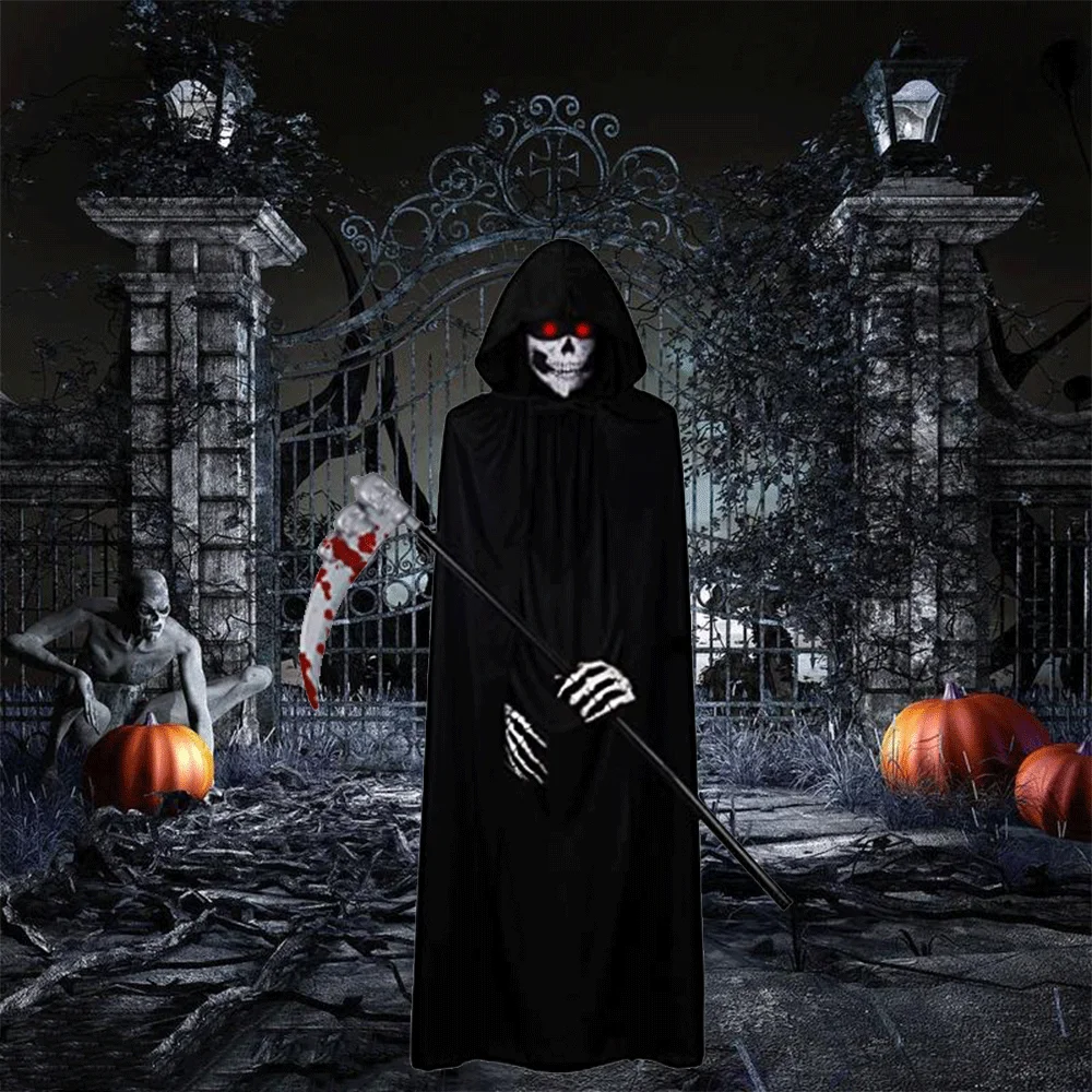 

Scary Halloween Ghost Reaper Costume Hooded Cape Skull Mask Gloves Scythe Set Adult Kids Horror Grim Reaper Halloween Decoration