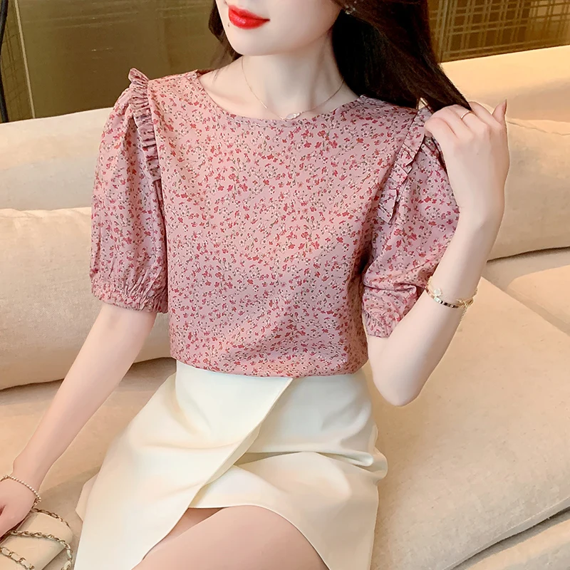 

High Quality Korean Fashion Women Blouses Floral Pink Women Tops Summer Short Sleeve O-Neck Office Lady Shirt Blusas Femininas