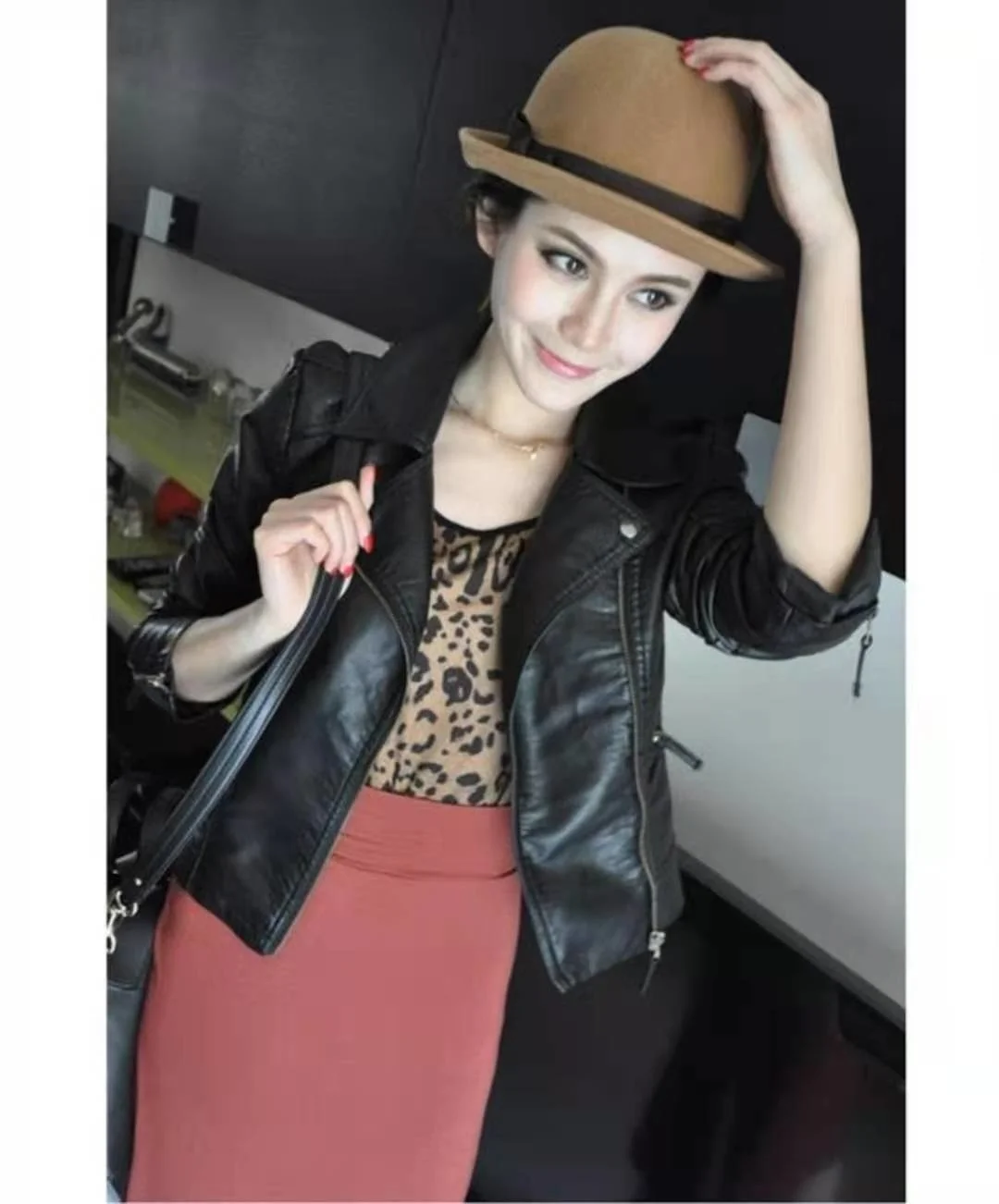 

2023Leather jacket,Jackets For Women Short Real Leather Coats Shearling Black Sheepskin Collar Natural Pockets Zippers Spring/Au