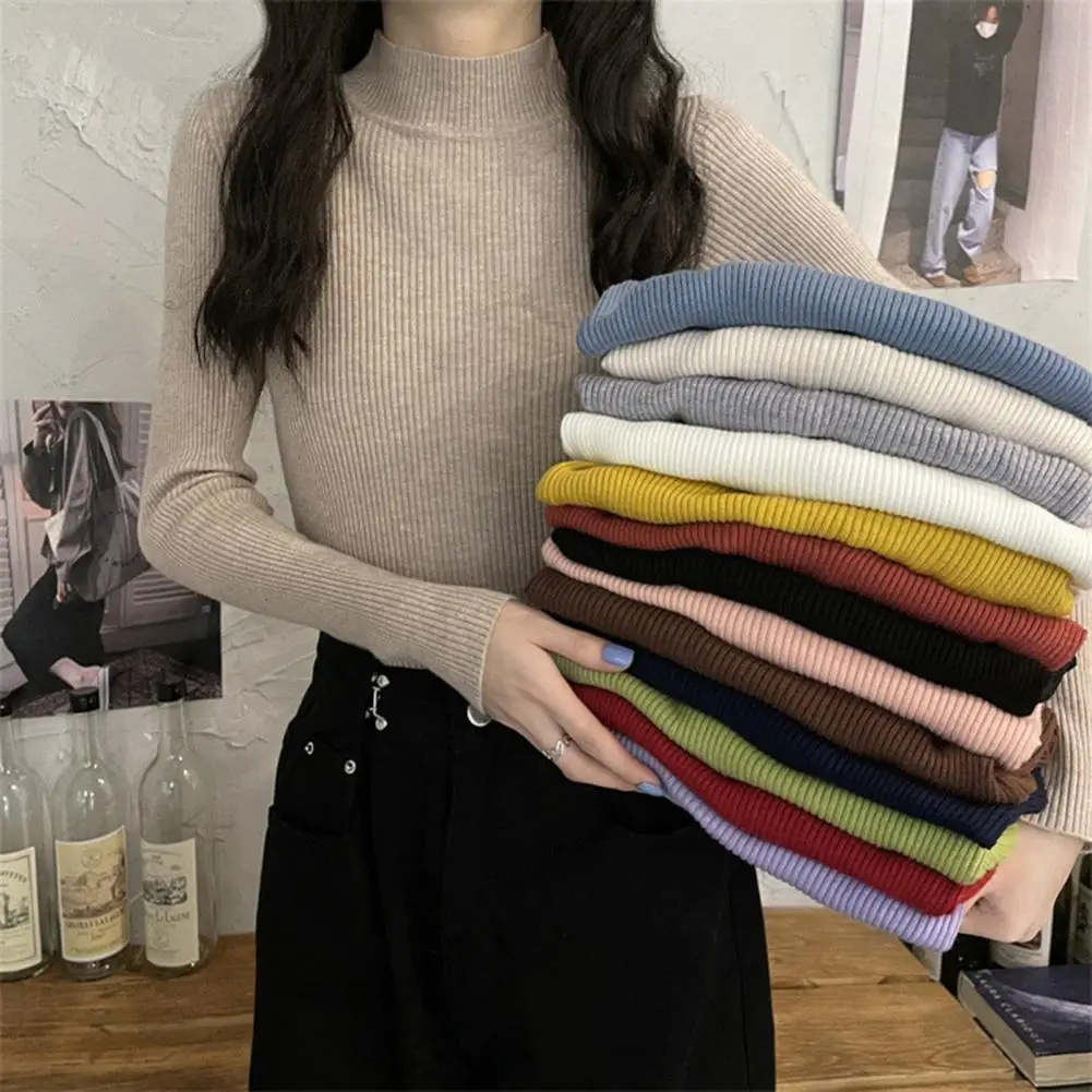 

Stretchy Thick Cold Resistant Women Pullover Solid Simple Bottoming Knitted Sweater Basic Sweater Female Clothing