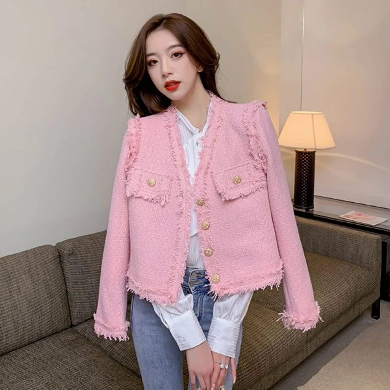 

Женская короткая куртка с бахромой и V-образным вырезом, свободная твидовая куртка в стиле ретро, верхняя одежда, осень-зима 2022