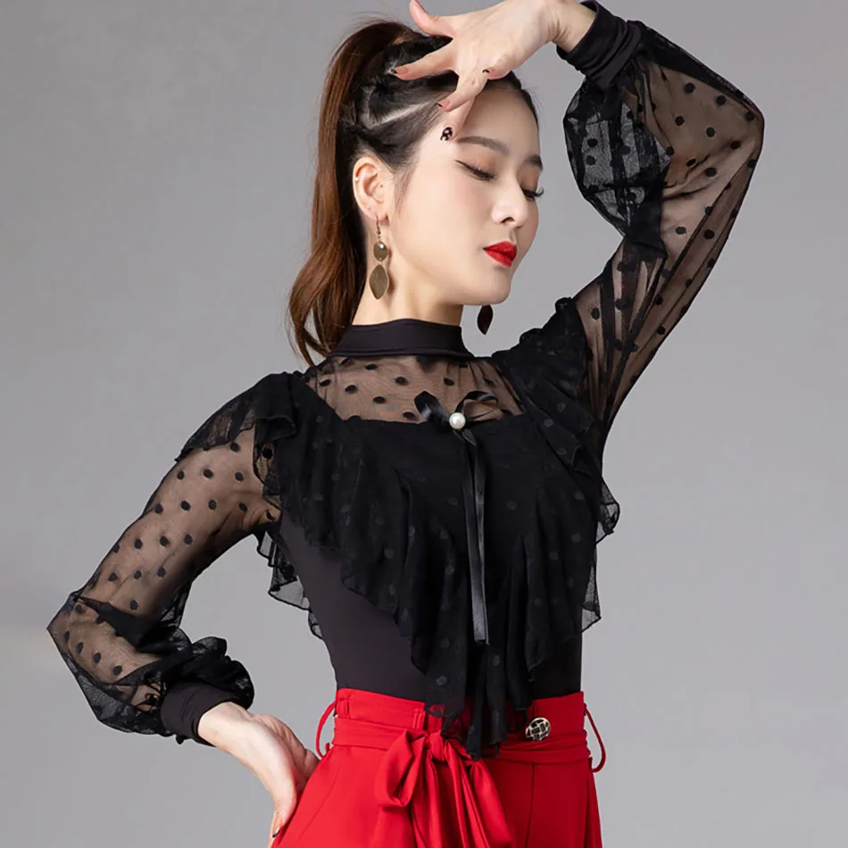 Топ для латиноамериканских танцев женское Кружевное боди с рукавами женская