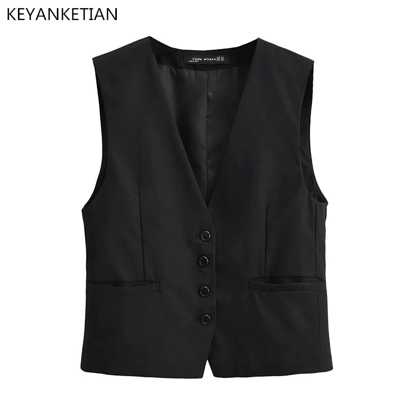 

KEYANKETIAN New Slim-Fit Black V-Neck Suit Vest Women Commuting Wind Single-Breasted Short Style Sleeveless Coat Top Thin