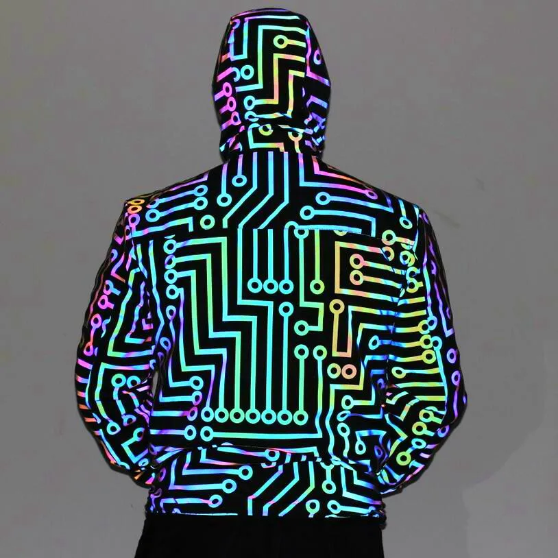 

LUCLESAM Men's Circuit Pattern Colorful Reflective Hooded Jackets New Fashion Hip-hop Rainbow Color Male Reflective Jacket Tops