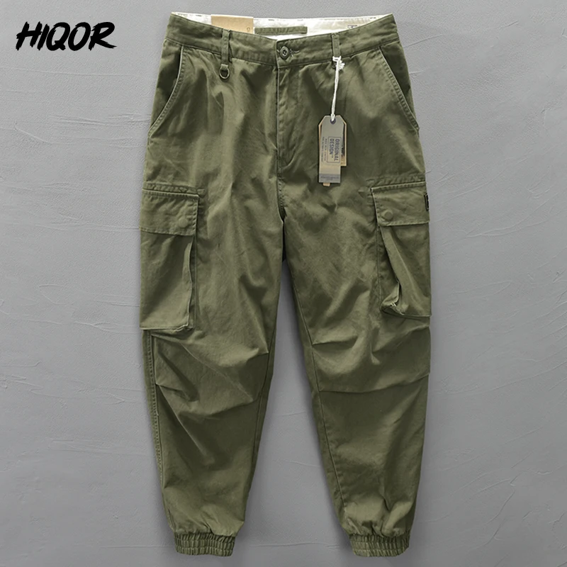 HIQOR Men Trousers Vintage Overalls Fashion Side Pockets Cargo Pants High Quality 100% Cotton Army Green Harajuku Casual Pant