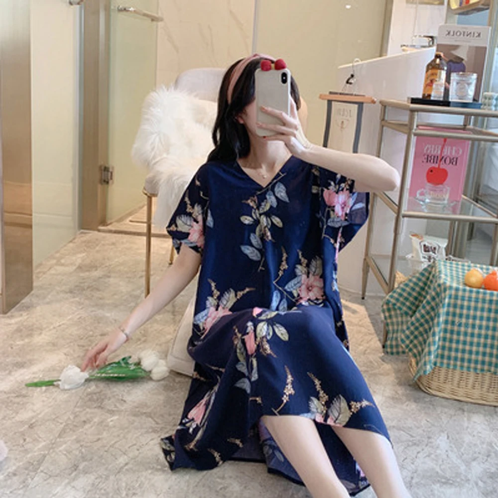 Floral Print Women Nightie Knee Length V Neck Short Sleeve Summer Thin Ladies Nightgowns Home Clothes Sleepwear for Female
